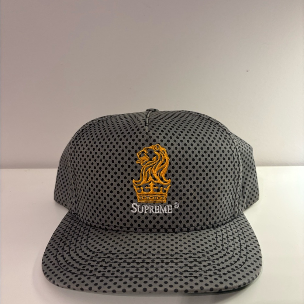 Supreme Gray Dot Mesh Cap with Gold Lion Crown Embroidery